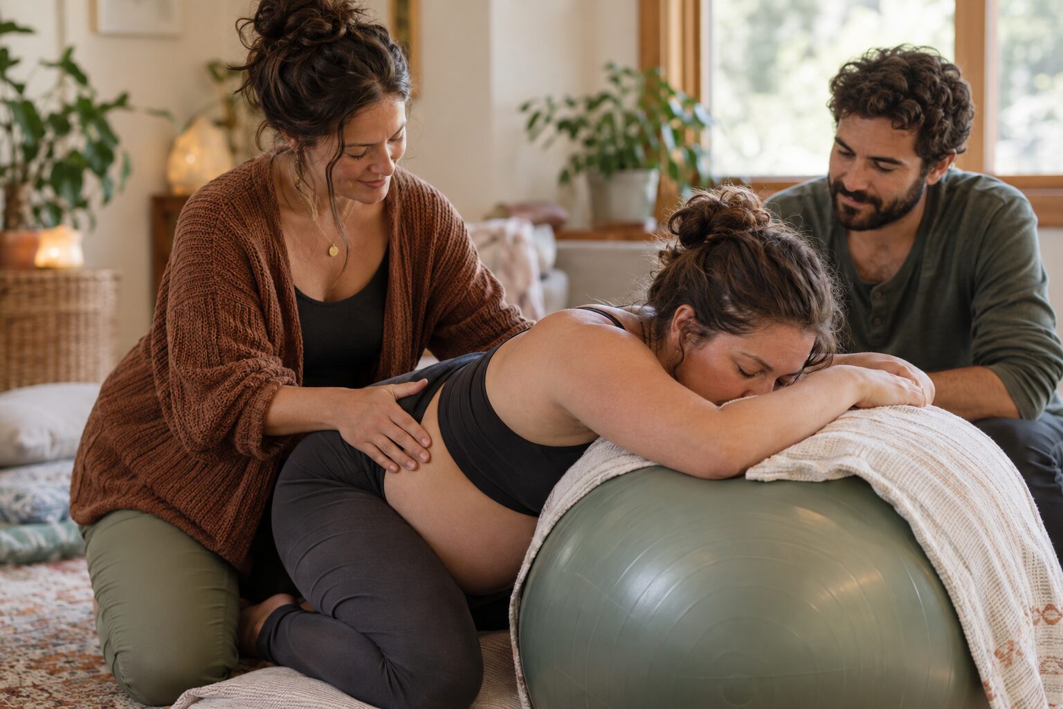A doula guides a pregnant woman resting over a birth ball while a second supporter looks on