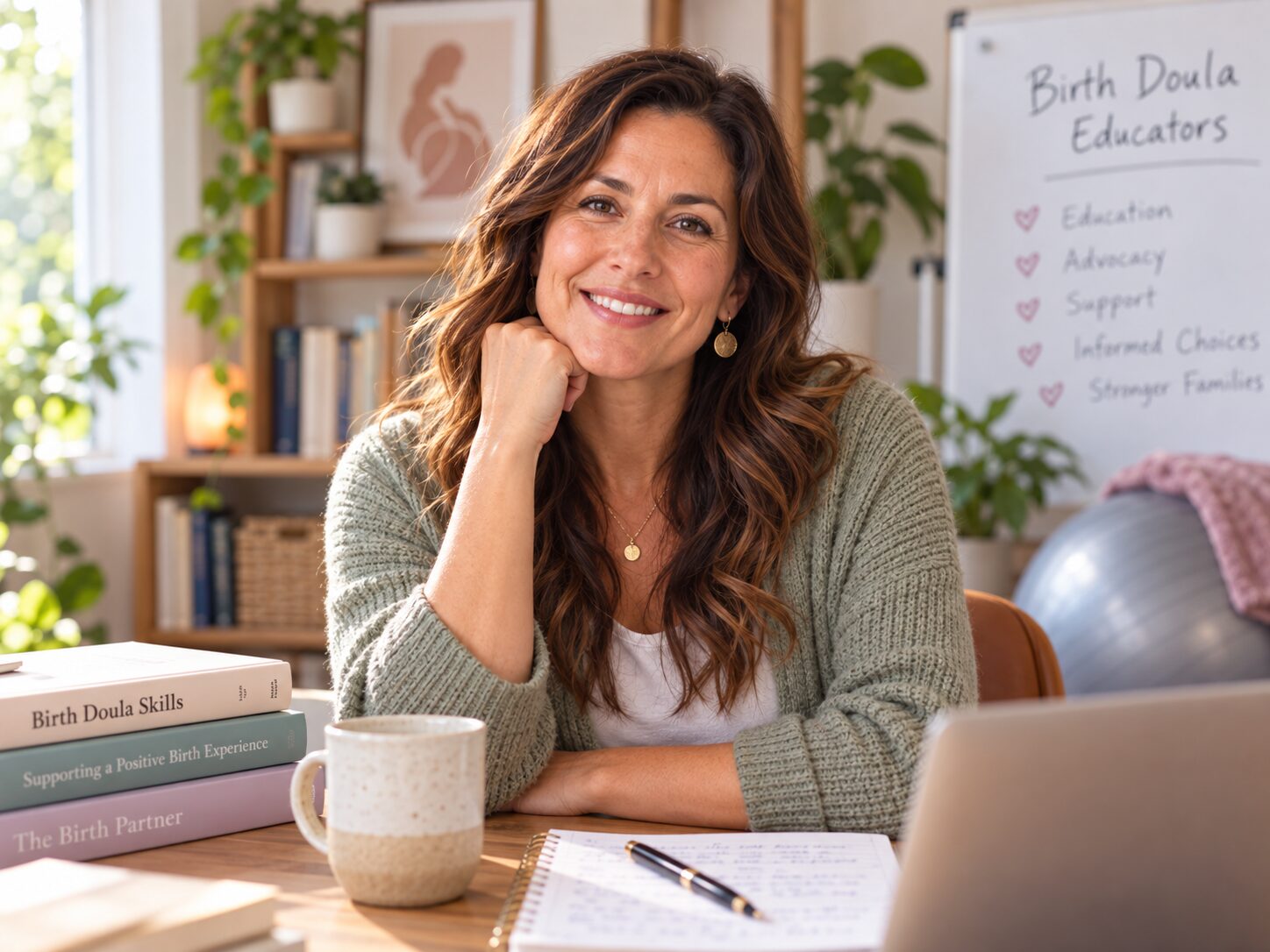 An experienced birth doula educator in a bright home office