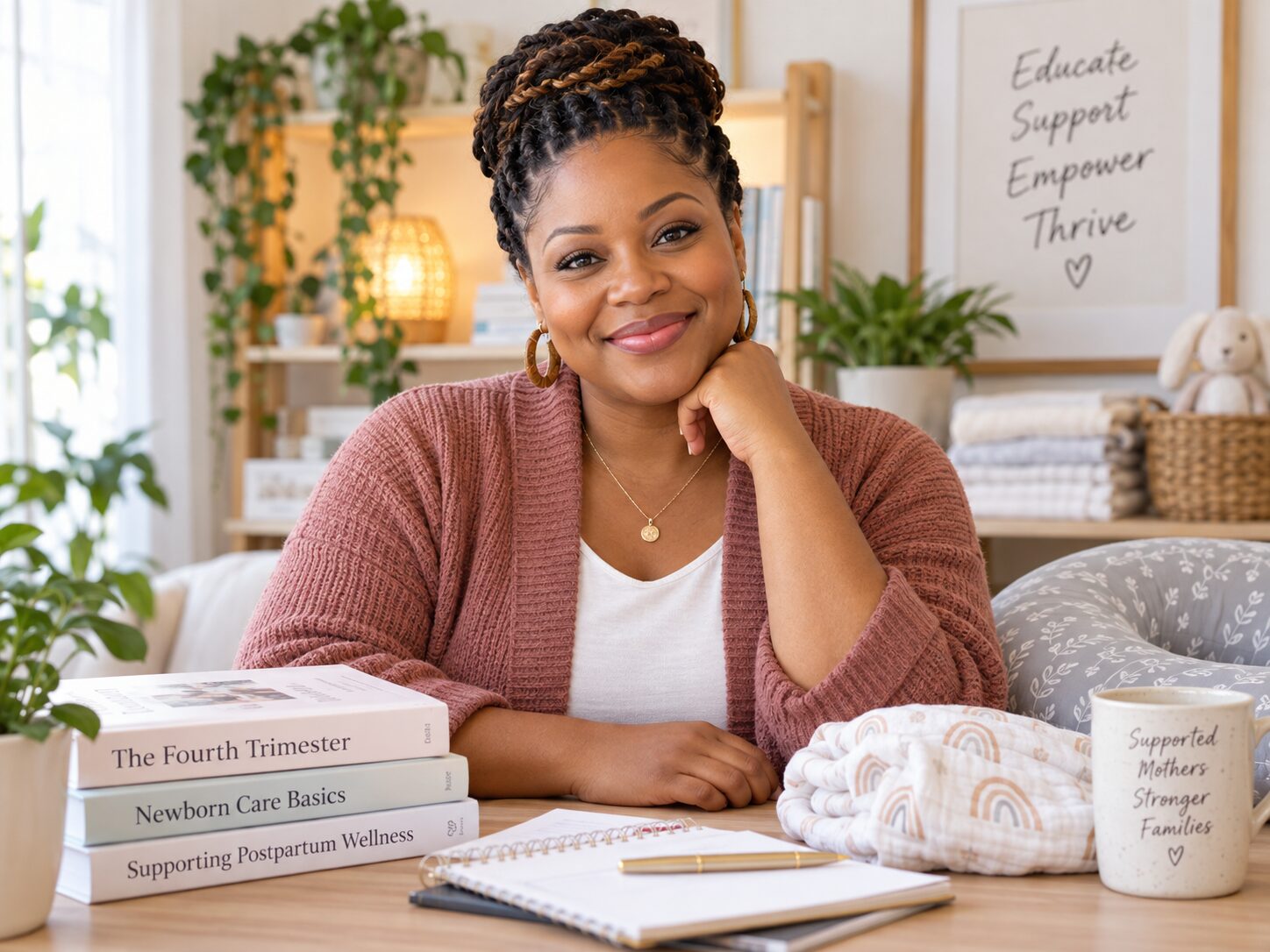An experienced postpartum doula educator in a comfortable teaching space