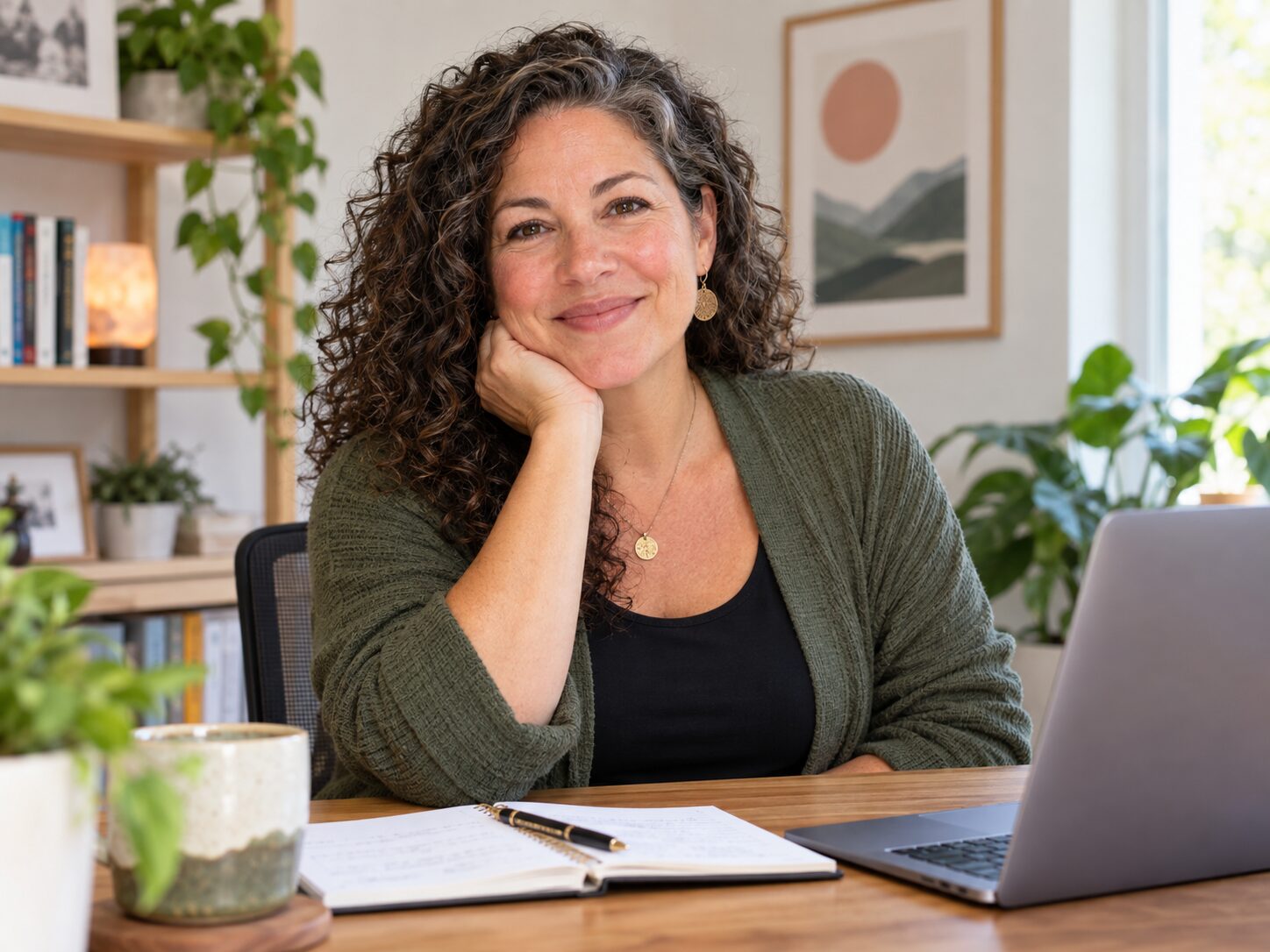 A professional practice mentor at a desk with a laptop and notebook