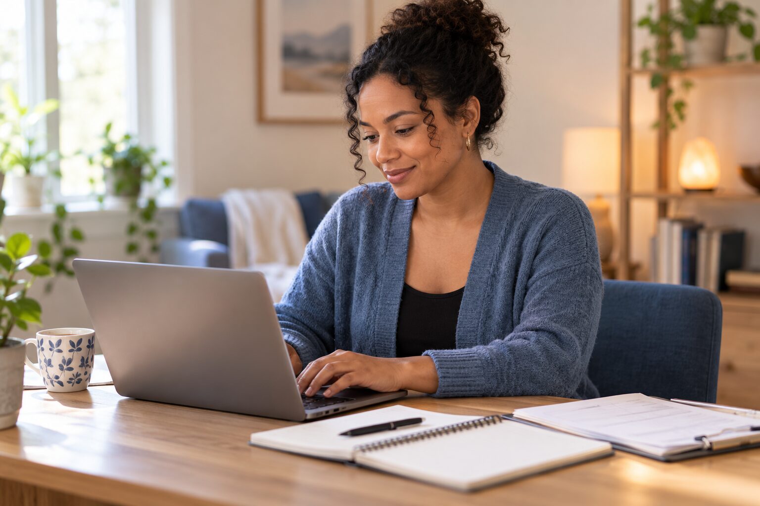 A doula at a laptop, documenting a visit
