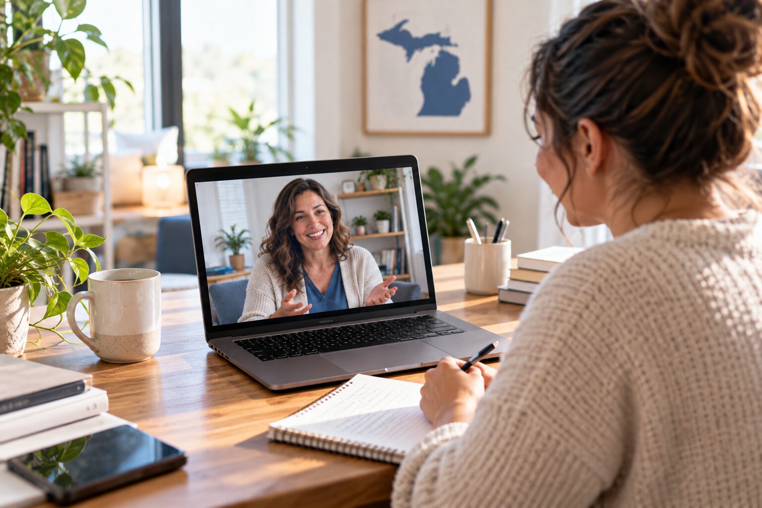 A student at a laptop on a video call with a doula educator
