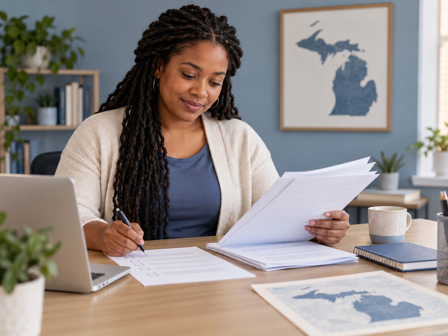A doula reviewing provider enrollment paperwork with a map of Michigan nearby